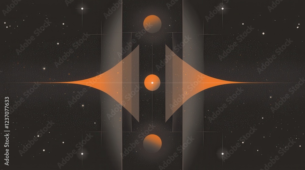 Poster abstract digital art piece with a black background and white stars scattered throughout. in the cent