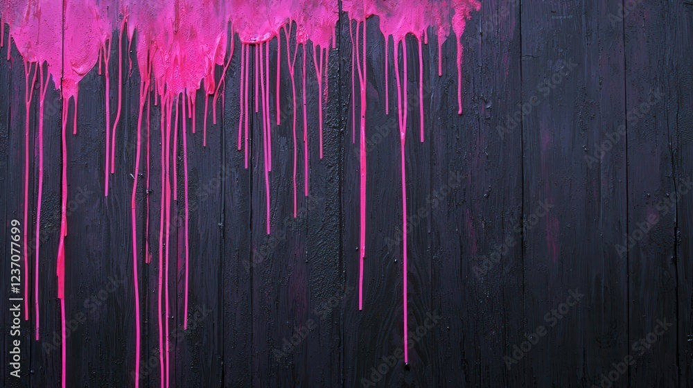 Poster close-up of a black wooden surface with a pink dripping paint on it. the paint is dripping down the 
