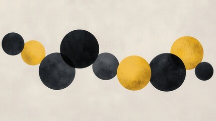 Abstract art piece with a white background. it consists of nine black and yellow circles arranged in a diagonal line.
