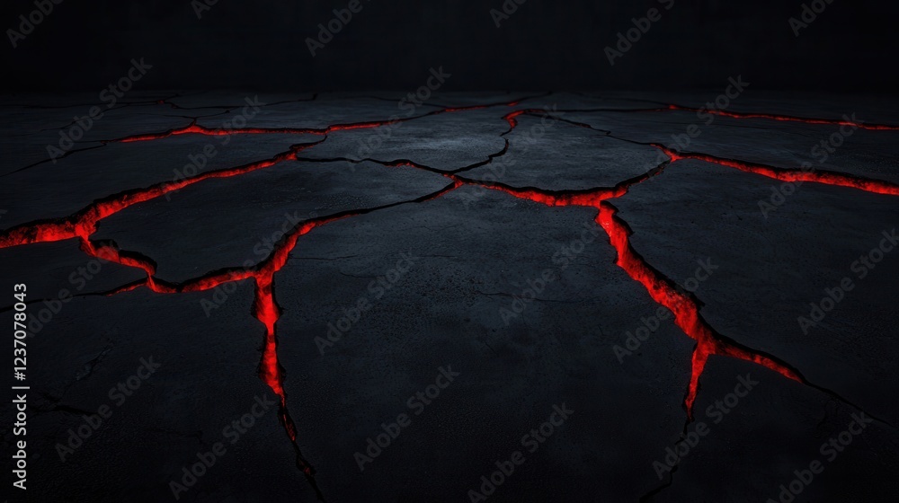 Aufkleber close-up of a cracked surface in a dark room. the cracks are deep and wide, creating a sense of dept