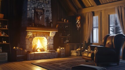 Cozy rustic living room with stone fireplace and leather armchair illuminated by warm firelight