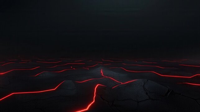 Dark and eerie scene with a black background. the ground is covered in cracks and crevices, and there are several red lines that appear to be glowing in the dark.