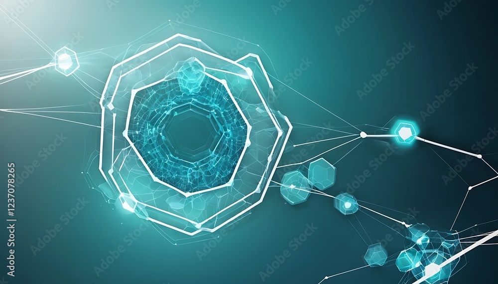 Poster abstract teal geometric network: interconnected polygons and glowing nodes