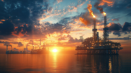 Offshore Oil Platform at Sunset with Large Storage Tanks in the Foreground and Energy Market Charts Depicting Global Crude Oil Price Fluctuations in the Background
