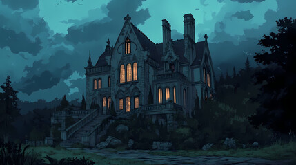 Gothic mansion at dusk under stormy skies, lit windows suggest mystery or elegance, ideal for spooky themes. twilighted. illustration. Gothic Elegance. Illustration