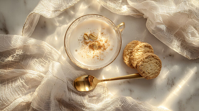 Warm beverage with nutty topping and buttery cookies, bathed in sunlight. A peaceful moment of simple pleasures.