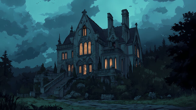 Gothic mansion at dusk under stormy skies, lit windows suggest mystery or elegance, ideal for spooky themes. twilighted. illustration. Gothic Elegance. Illustration