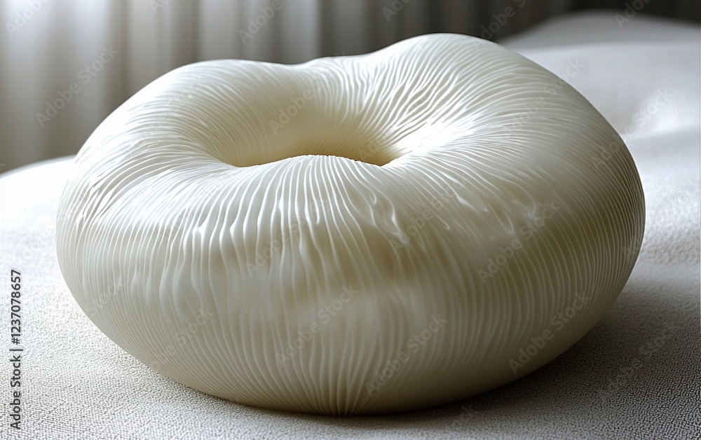 Poster close-up of a smooth, off-white, organic form resembling a donut or mushroom, with fine vertical lin