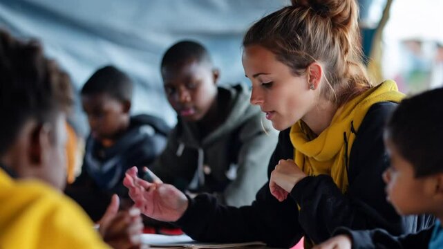 Caucasian volunteer teacher assisting african children with their studies in a makeshift classroom
