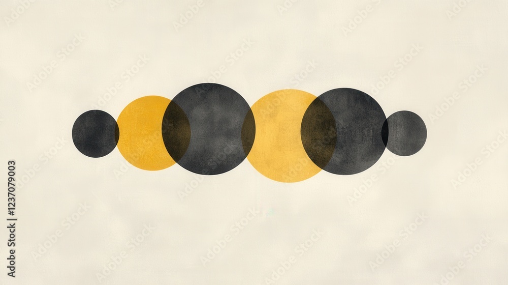 Poster abstract art piece with a white background. it consists of five circles arranged in a diagonal line.