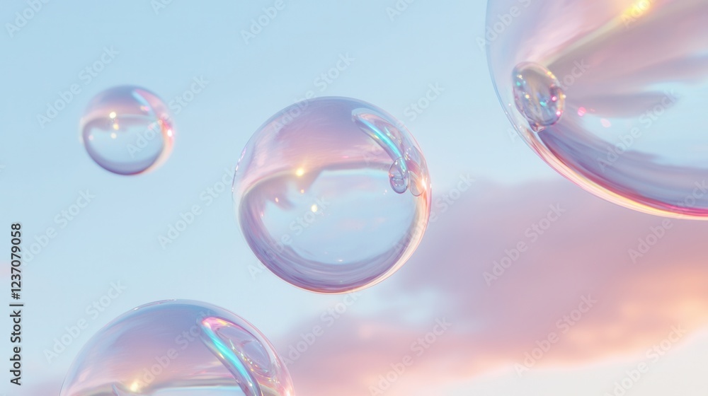 Poster three soap bubbles floating in the air against a pastel pink and blue sky. the bubbles are of differ