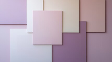 Flat lay of six different colors of paper arranged in a diagonal pattern. the colors are predominantly pastel shades of pink, purple, white, and light pink.