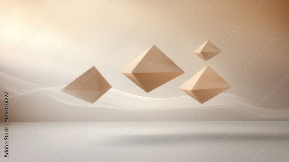 Aufkleber three 3d geometric shapes in a light beige color. the shapes are arranged in a triangular formation,