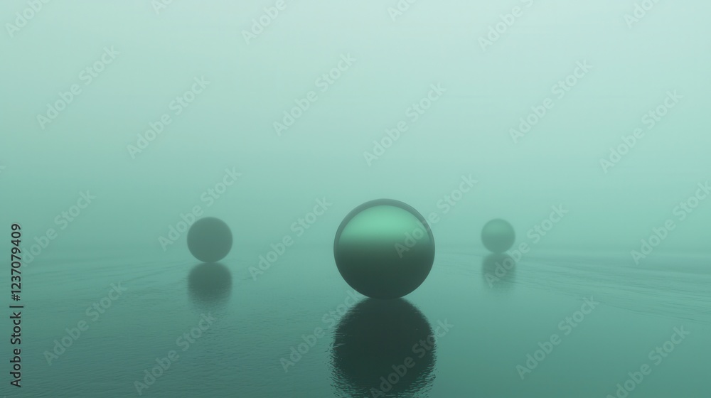 Poster three spheres floating on a body of water. the spheres are spherical in shape and appear to be float