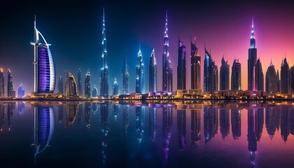 Fototapeta premium Dubai Skyline: Night Panorama of Illuminated Skyscrapers