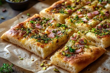 Close up of a ham and pistachio focaccia sandwich softly lit from above