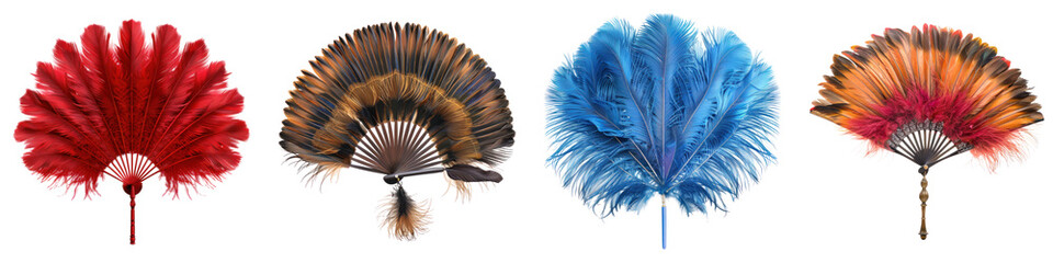 Burlesque feather fan isolated on transparent background, PNG, Set of