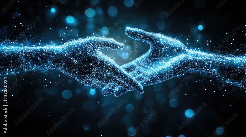 Poster digital hands connected in a network of light
