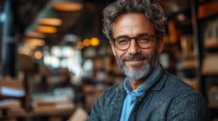 Fototapeta premium Mature man with glasses smiling in a cozy cafe during the afternoon, surrounded by warm lights and wooden decor