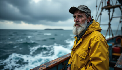 Obraz premium Elderly fisherman in a yellow raincoat goes out to sea in his boat