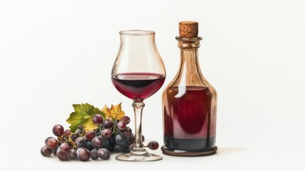 A glass of red wine, a bottle, and a bunch of grapes