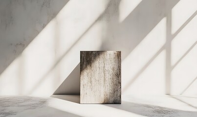 Rustic wooden cube display, sunlit marble background, product placement, minimalist scene