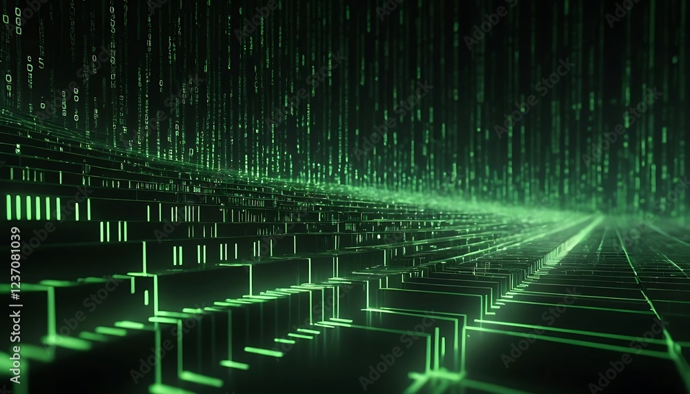 Aufkleber abstract digital landscape: green code streams and glowing grid