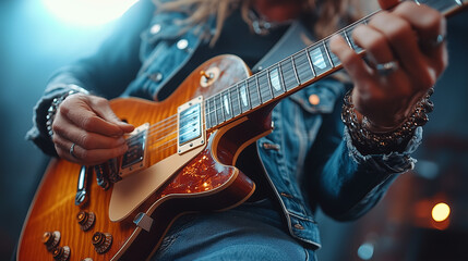Obraz premium Musician plays electric guitar passionately during live performance in a vibrant venue, highlighting skill and artistry