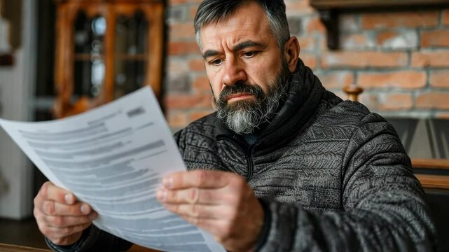  A man sits at a desk, deeply focused on the documents before him. He holds a stack of papers in his hands, reviewing the information with careful attention, surrounded by a productive atmosphere.