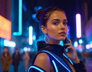 A young woman in futuristic attire stands in a neon-lit urban street at night