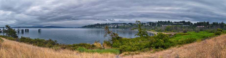 Fototapeta premium Friday Harbor and Orcas Island Scenic view from aboard a ferry - San Juan Islands, Washington, USA