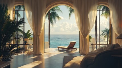 Luxurious ocean view room with beach access and chaise lounge