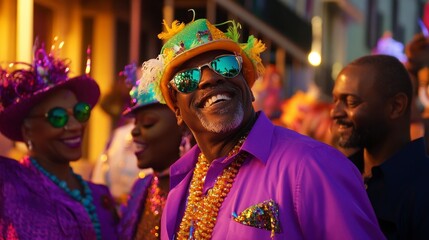
People in colorful costumes, masks, and feathered accessories dance energetically in the streets during the Mardi Gras celebration.In the background, decorated floats, banners, and festive lights.