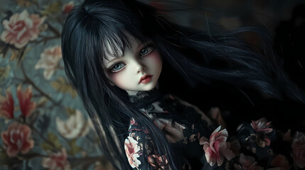 Fototapeta premium A gothic doll with long black hair and a floral dress, exuding dark elegance and mystery. Gothic Elegance. Illustration