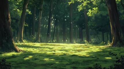 Obraz premium Sunlit Forest Clearing Amongst Tall Trees