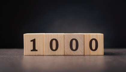 Wooden cube with number 1000. Modern design. Dark backdrop.