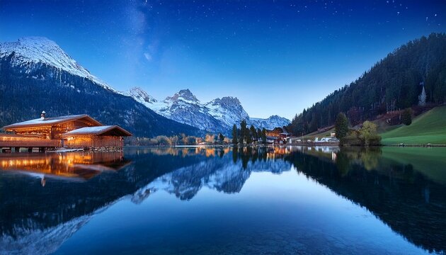 night time sky reflection in lake urisee with alps in historical past
