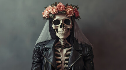 A skeleton in a wedding veil and leather jacket, adorned with a floral crown, conveys a unique blend of gothic and romantic themes. Gothic Elegance. Illustration
