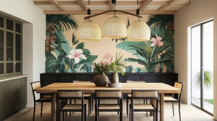 Vibrant dining room with tropical mural and woven pendant lamps for an island feel