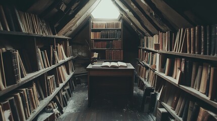 Obraz premium Dusty Attic Bookshelves Hold Ancient Volumes Of Knowledge