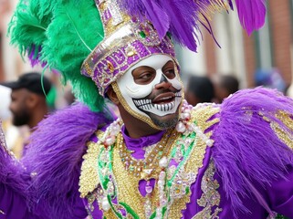 
People in colorful costumes, masks, and feathered accessories dance energetically in the streets during the Mardi Gras celebration.In the background, decorated floats, banners, and festive lights.