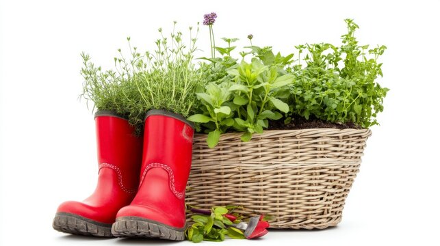 Vibrant Herb Garden in Red Boots and Wicker Basket