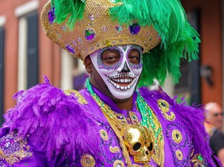 
People in colorful costumes, masks, and feathered accessories dance energetically in the streets during the Mardi Gras celebration.In the background, decorated floats, banners, and festive lights.