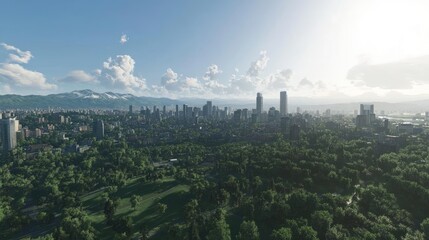 Fototapeta premium Modern City Skyline Amidst Lush Greenery and Mountains