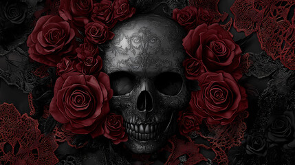 Digital artwork of a skull surrounded by gothic-style red and black roses with intricate lace detailing, symbolizing dark elegance. Gothic Elegance. Illustration