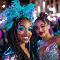 Obraz premium People in colorful costumes, masks, and feathered accessories dance energetically in the streets during the Mardi Gras celebration.In the background, decorated floats, banners, and festive lights.