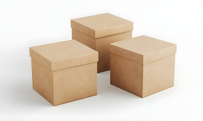 Fototapeta premium Three closed cardboard boxes on white background; packaging, shipping, storage