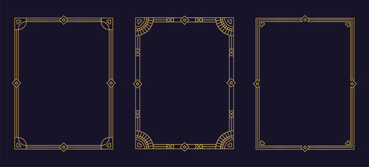Set of thin linear frames in art deco style. Geometric gold ornaments for cards and invitations. Elegant retro design of border for flyer