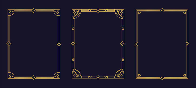 Set of thin linear frames in art deco style. Geometric gold ornaments for cards and invitations. Elegant retro design of border for flyer