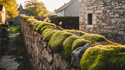 Obraz premium Mossy Stone Wall Beside Village Houses In Sunlight